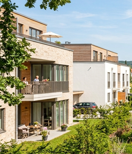 Neu gebautes Wohnquartier mit Mehrfamilienhaus und begrüntem Außenbereich