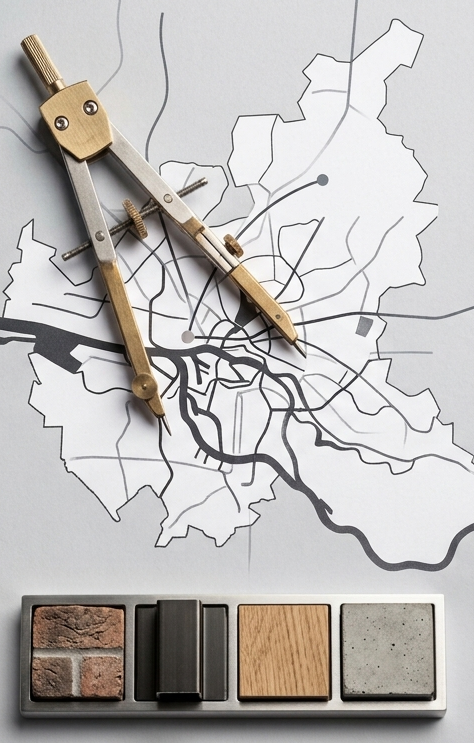 Zirkel auf einer Hamburg-Karte mit Materialmustern für Fassade und Ausbau